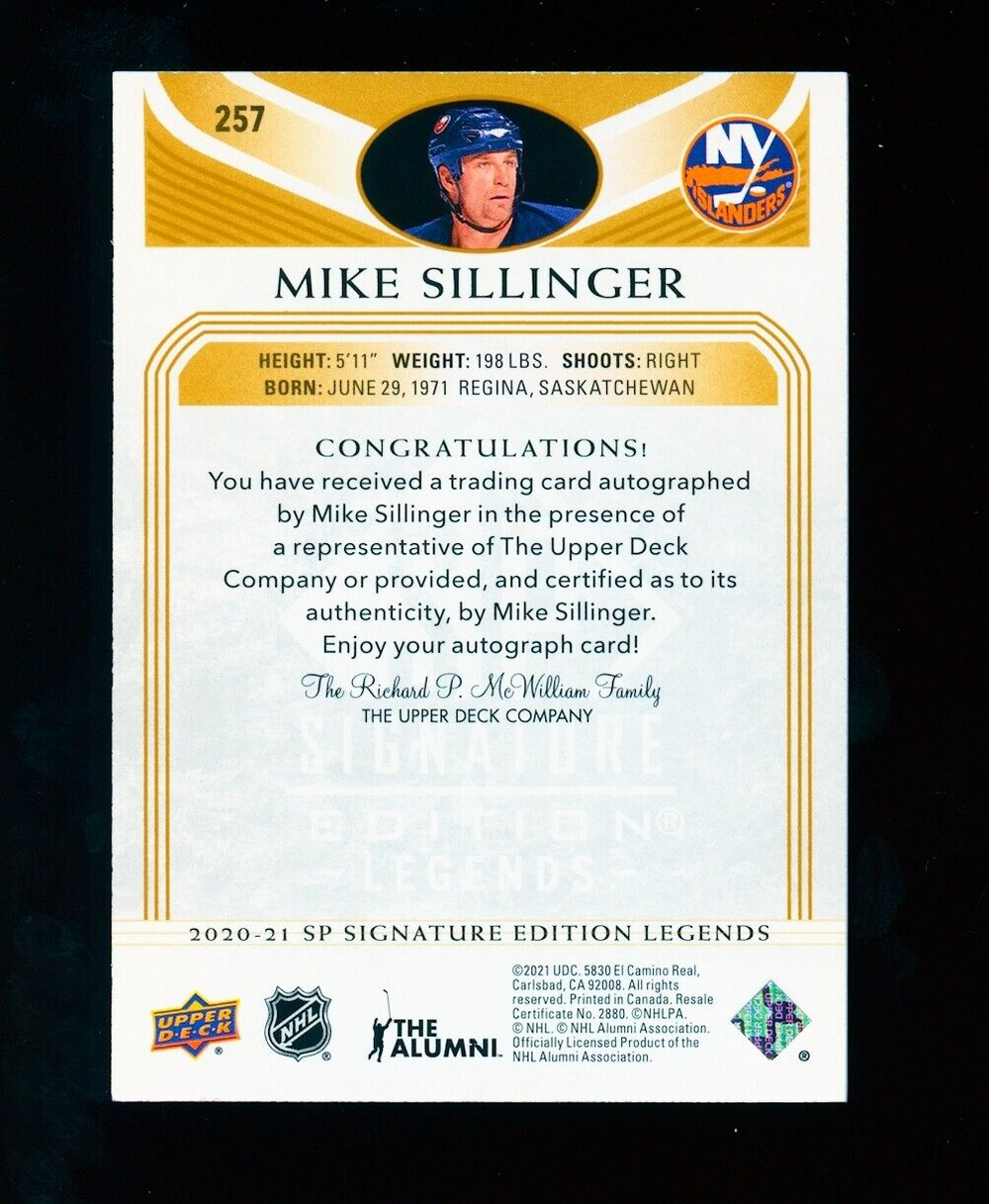 2021-22 NHL SP Signature Edition Legends Base Auto #257 Mike Sillinger
